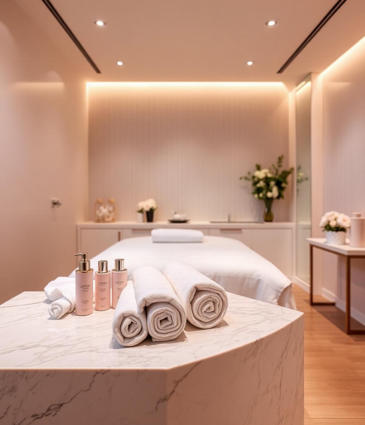 Calm treatment room prepared for a facial with skincare products and towels