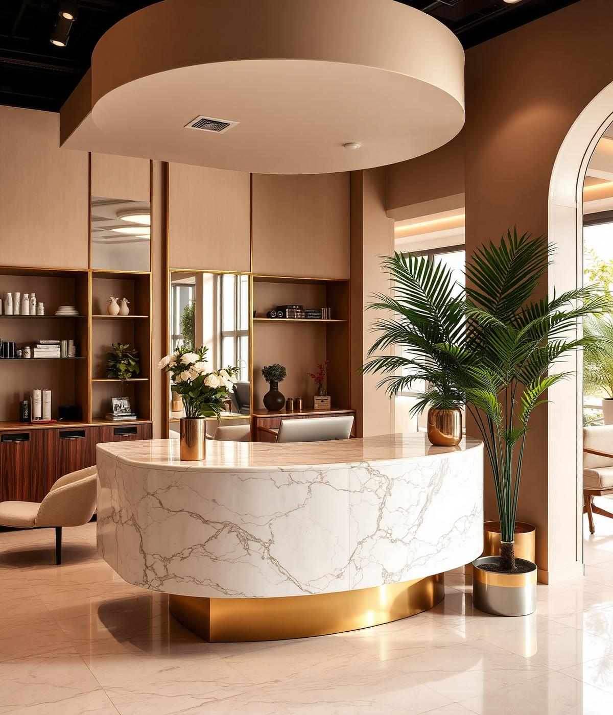 Reception area of LuxeAura with marble counter and fresh flowers