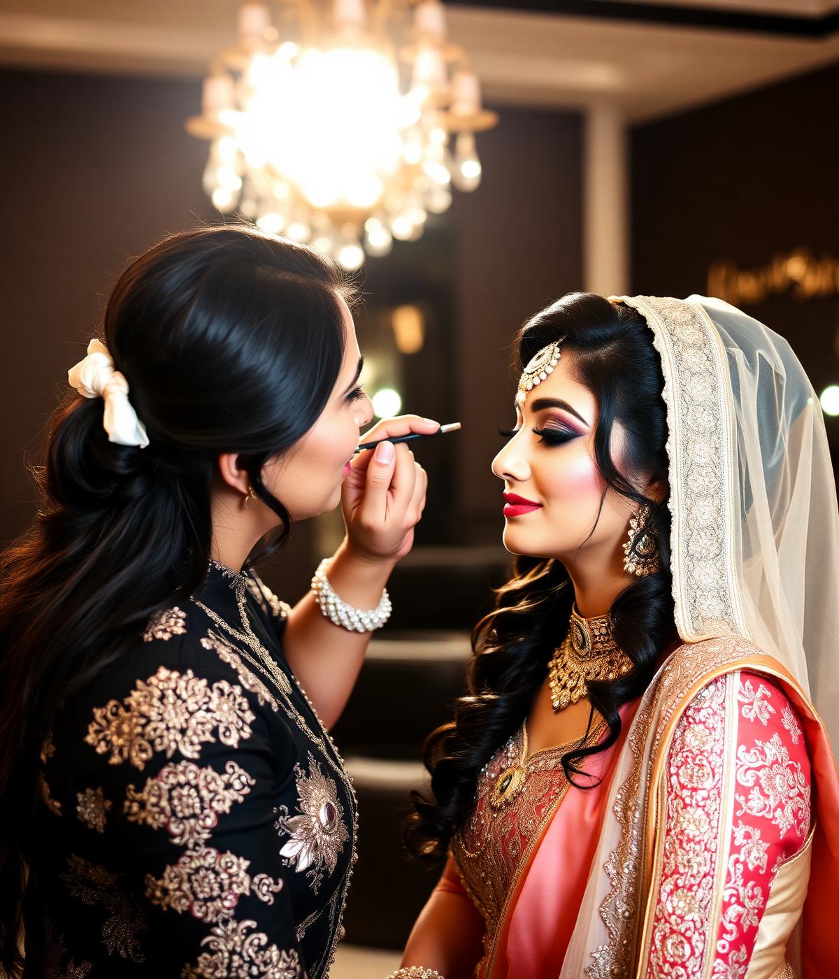 Makeup artist applying bridal makeup to a client