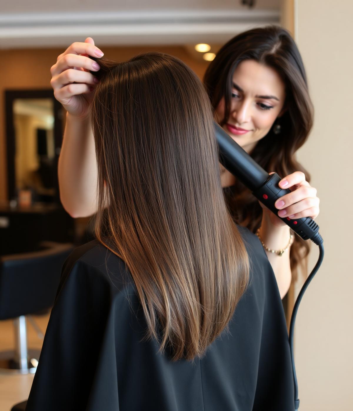Stylist finishing a smooth blow-dry on long hair
