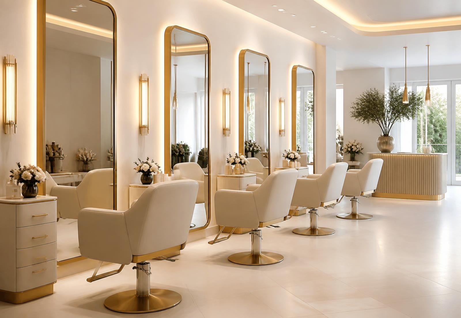 Interior of LuxeAura Salon & Beauty Studio with styling chairs and warm lighting
